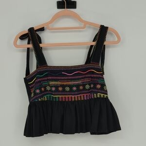 Saloni Embroidered Peplum Cropped Top Black Size 0 resortwear cottagecore beach